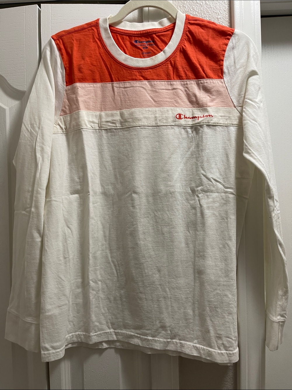 Champion White Long Sleeve Colorblock Tee with Red and Pink Panels